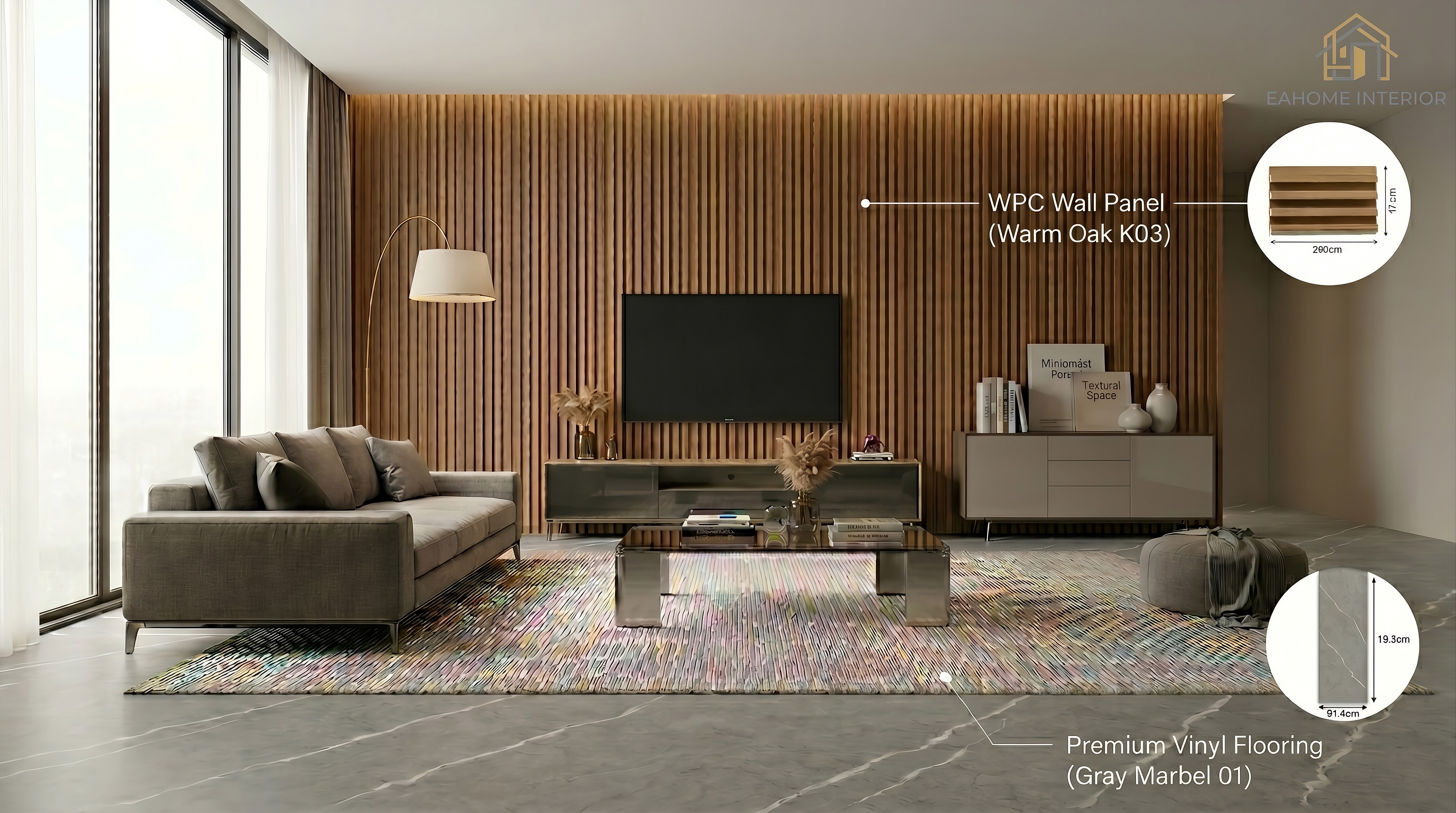 Ruang tamu dengan kombinasi produk interior EA HOMEINTERIOR